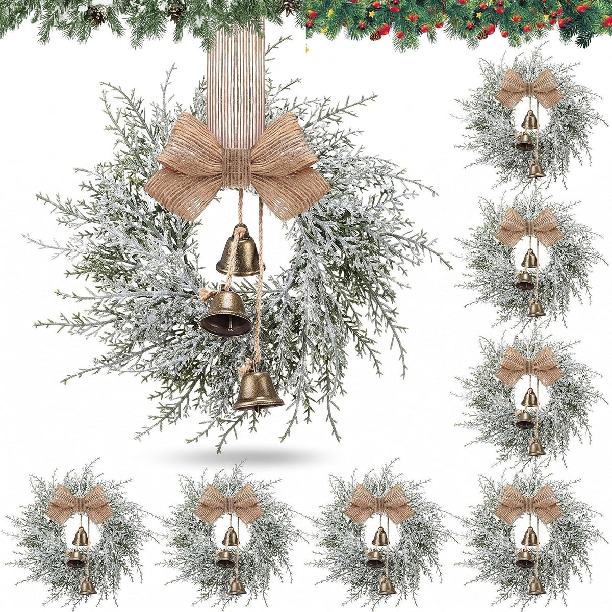 Civaner 8 Pcs 10" Mini Christmas Cabinet Wreaths with Bells and Ribbon