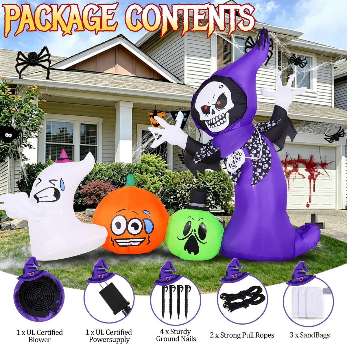 8ft long halloween inflatables outdoor decorations with built-in showing dimensions