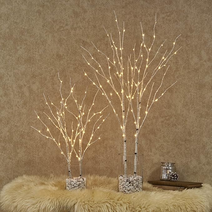 BAOLITVINE Birch Branch Lights with Timer Battery Operated 100 LED Fairy Lights, Lighted Willow Branches 32IN for Home Bedroom Fireplace Christmas Decoration Inside Outdoor