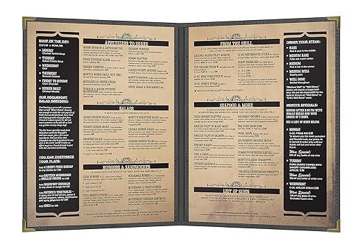Goodsmart Pajco Style Restaurant Menu Covers – Pack of 10, Side-Loading Menu Holders, Single Stitched Edge, Clear Vinyl Menu Sleeves, Leatherette Trim, Gold Corners, Black, 2 View (8.5" x 11")
