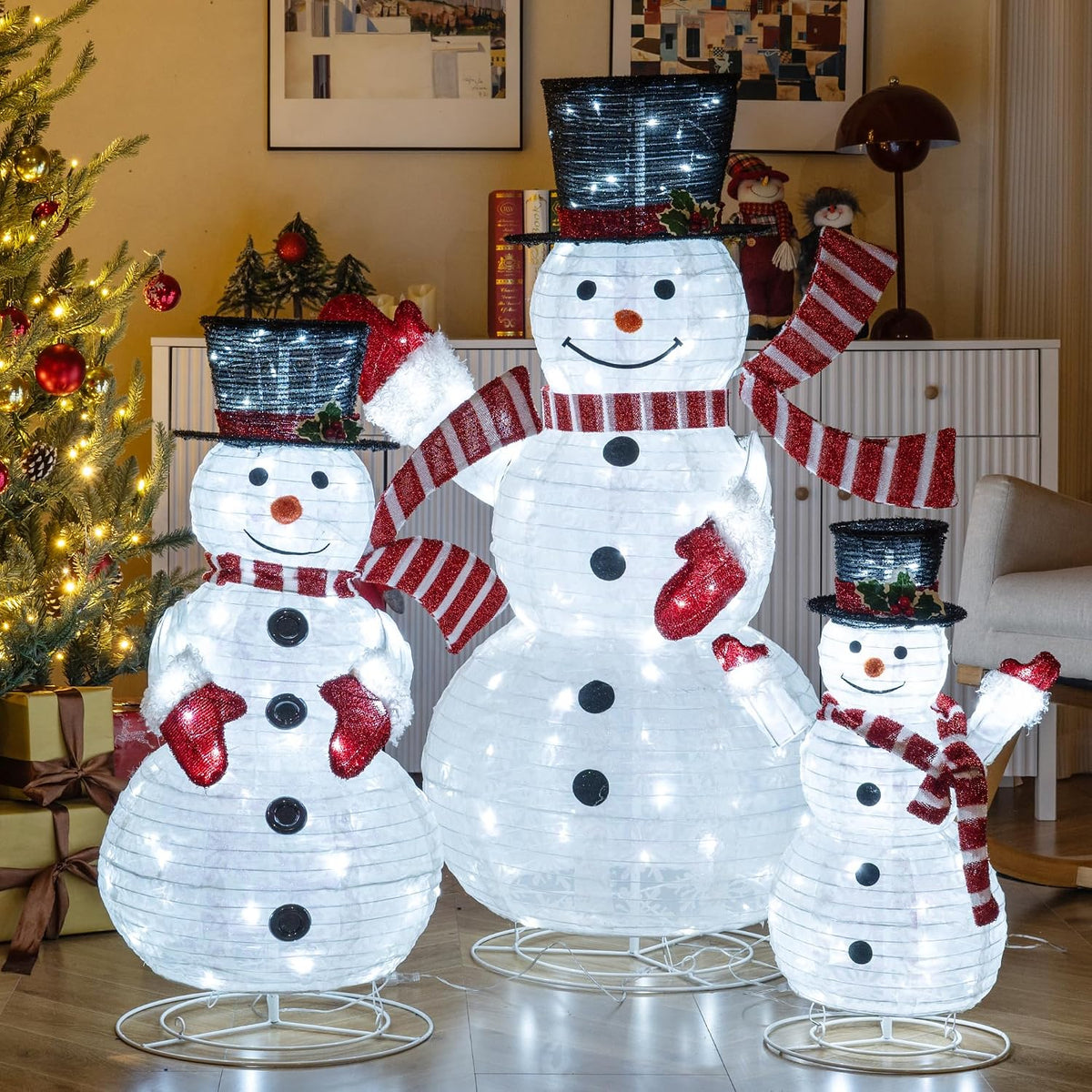 Tangkula 3-Piece Christmas Lighted 3D Snowman Family, 4.1 FT Snowman Set