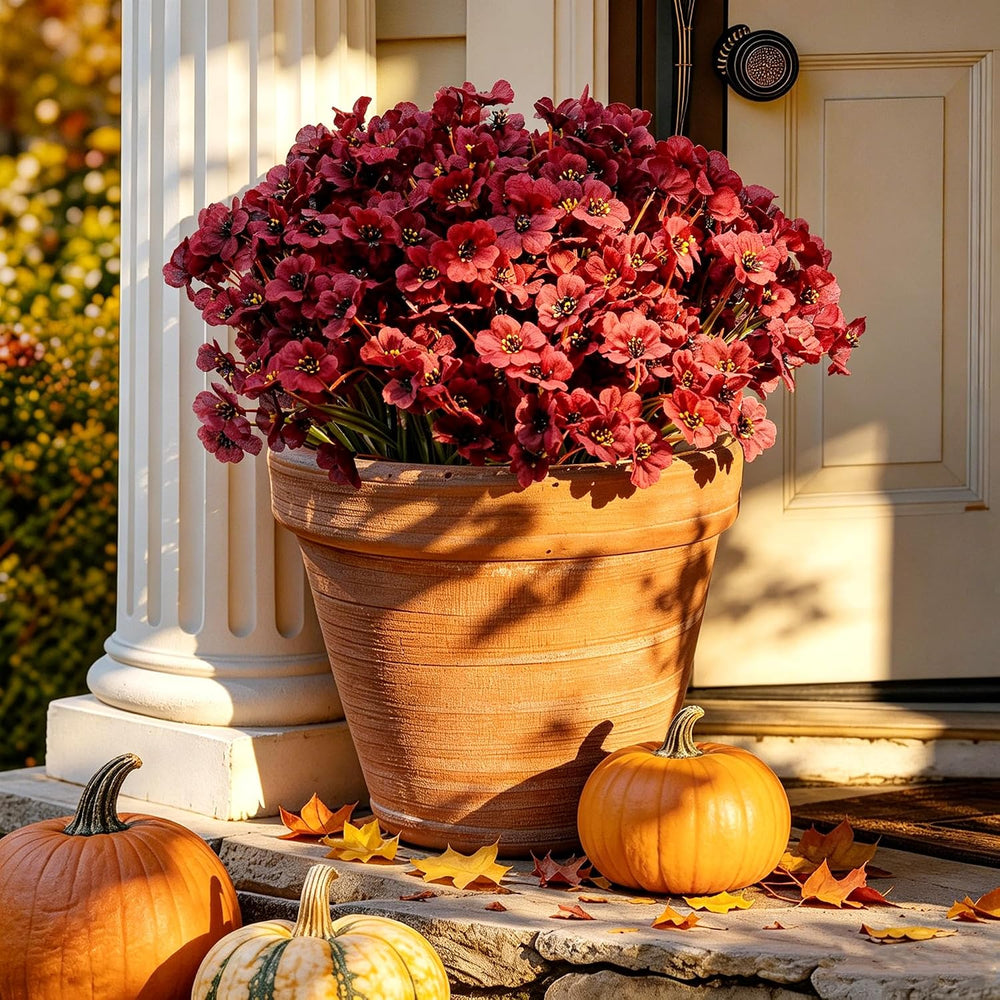 24PCS Burgundy Artificial Flowers for Outdoors Faux Mums Plant