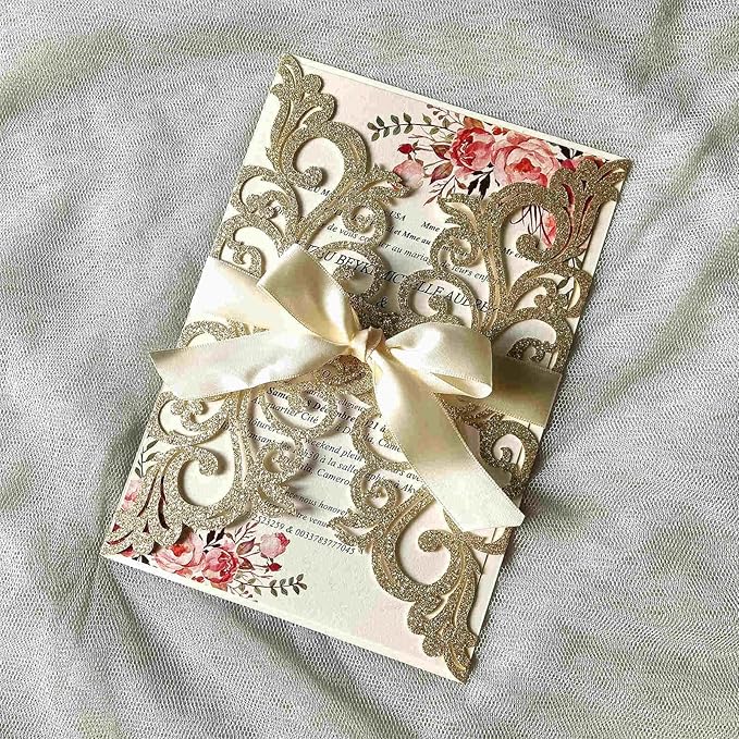 25PCS Champagne Gold Glitter Laser Cut Wedding Invitations Cards with Envelopes,Blank Inner Sheets,Ribbons for Wedding Bridal Shower Quinceañera Engagement Birthday Invites, champagne glitter