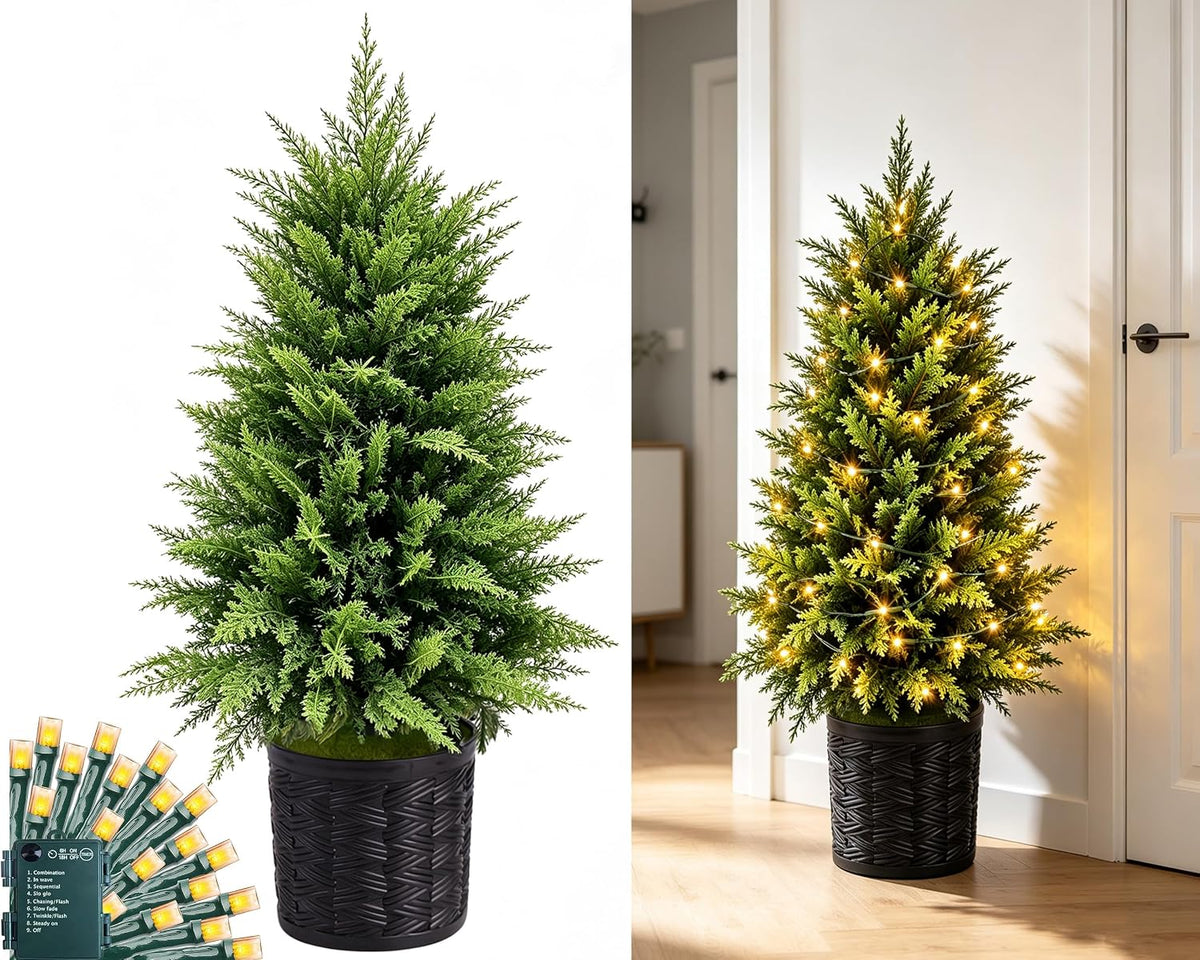 1 piece 3ft prelit cedar topiary christmas tree shown in use