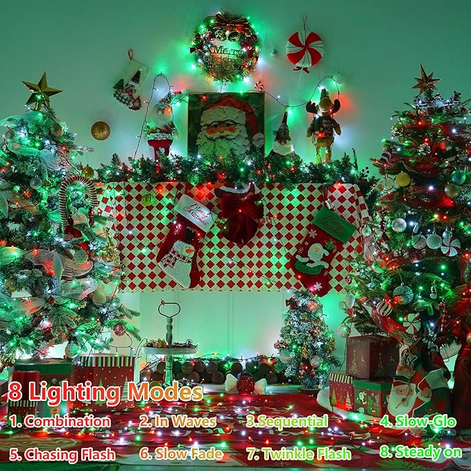 YEGUO 165ft 500 LED Christmas Lights Outdoor Waterproof, 8 Modes Red White and Green String Lights Plug in, Green Wire Twinkle Tree Lights Indoor with Timer Memory