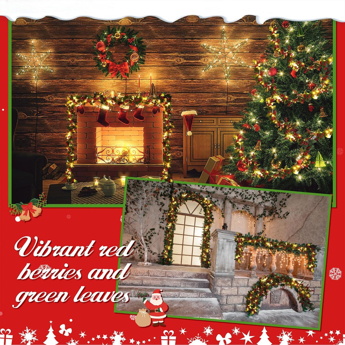 6 Pcs Christmas Garland 36 ft 30 LED Berry Greenery Fireplace