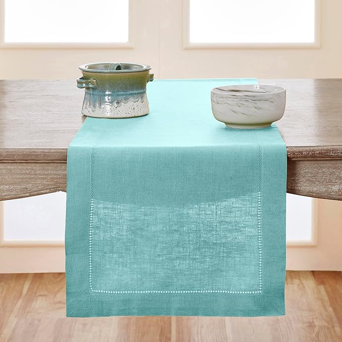Solino Home Linen Aqua Blue Table Runner 132 Inches Long - 100% Pure Linen Extra Long Table Runner 14 x 132 Inch for Christmas, Holiday - Classic Hemstitch