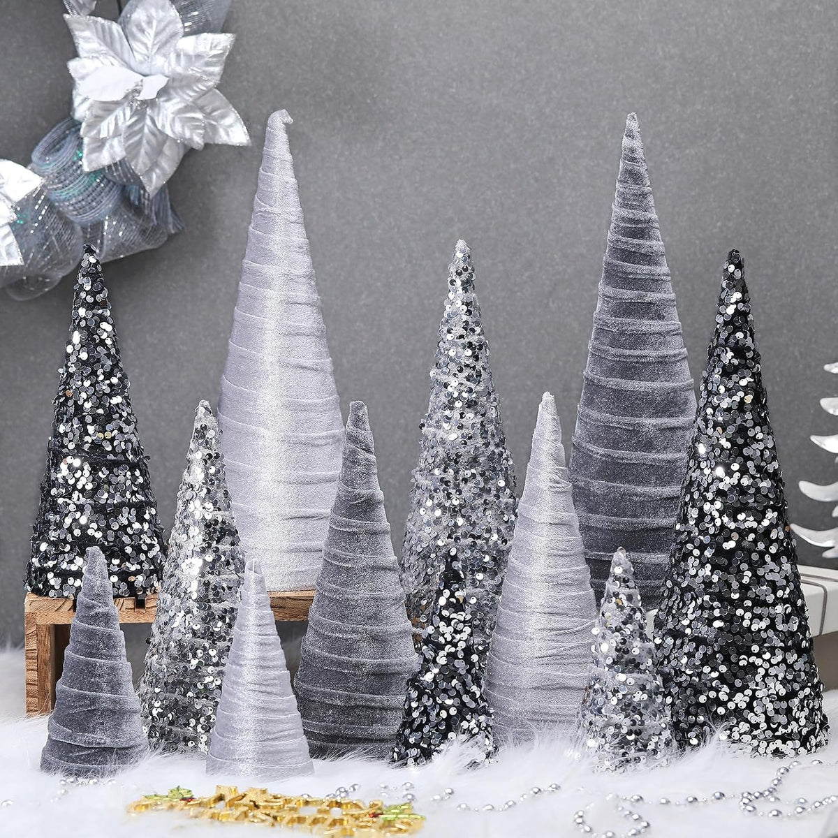 Ireer 12 Pcs Silver Gray Christmas Velvet Cone Tree Table Centerpiece Decor