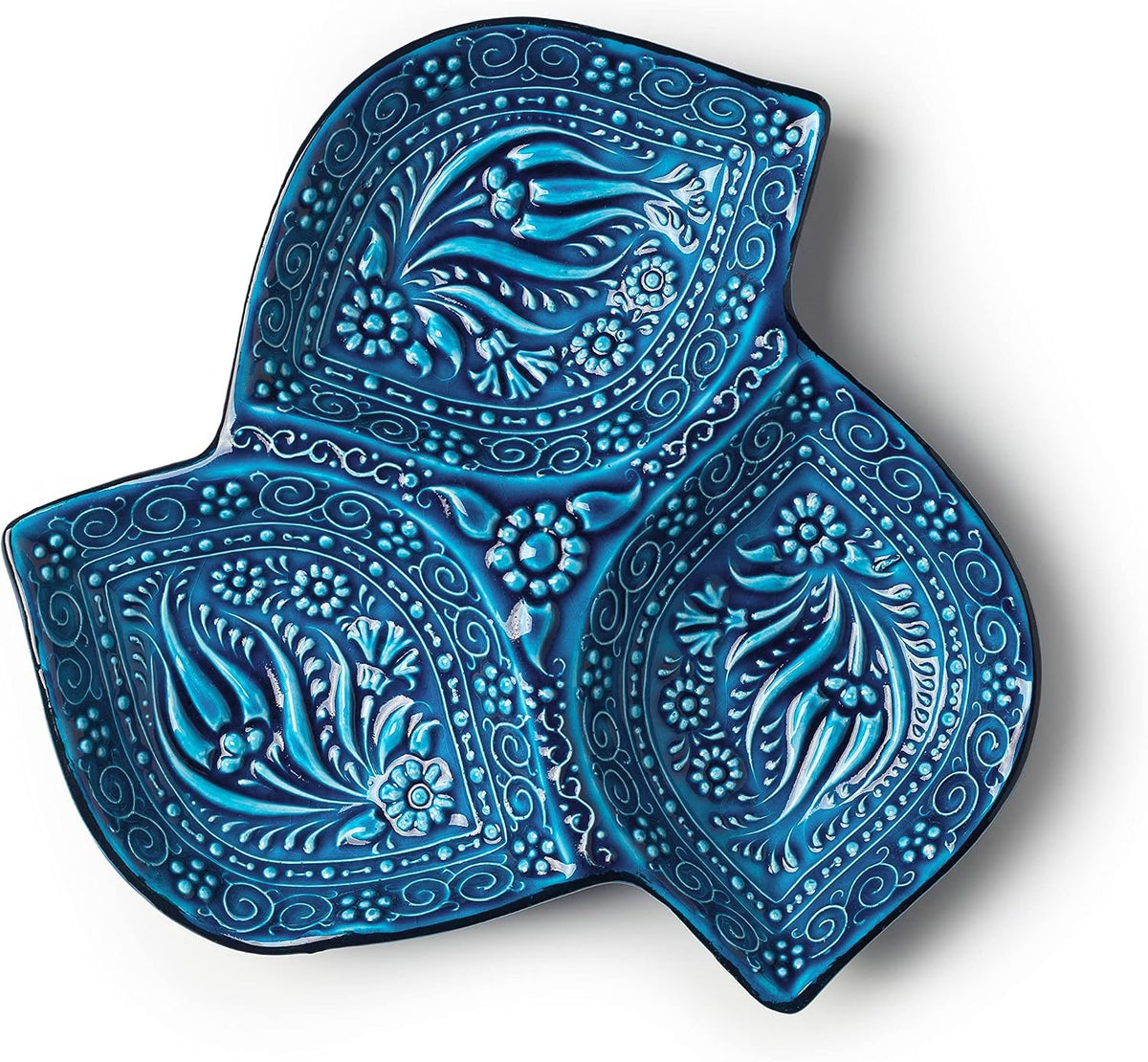 Leaf Ceramic Appetizer Plate, 3-Compartment Snack Tray, Blue Serving Tray