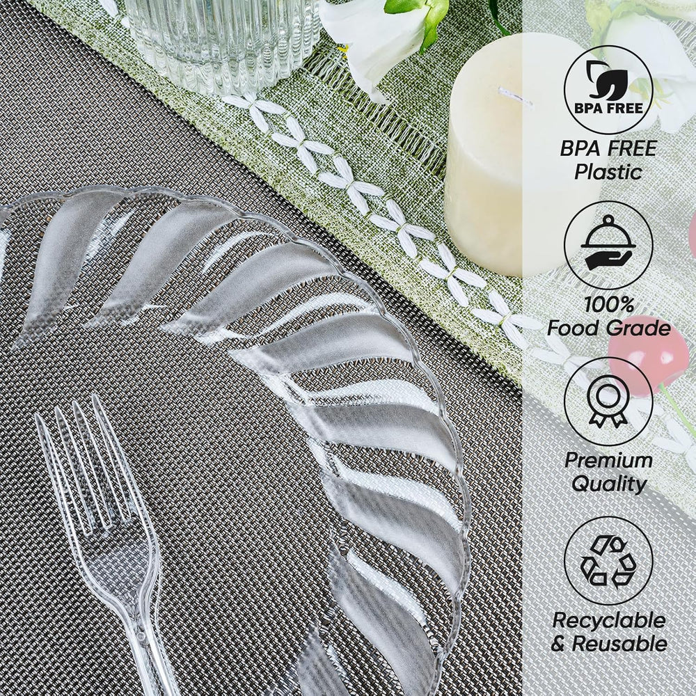 FOCUSLINE 100 Count Clear Plastic Plates, 9 Inch Disposable Dinner Plates
