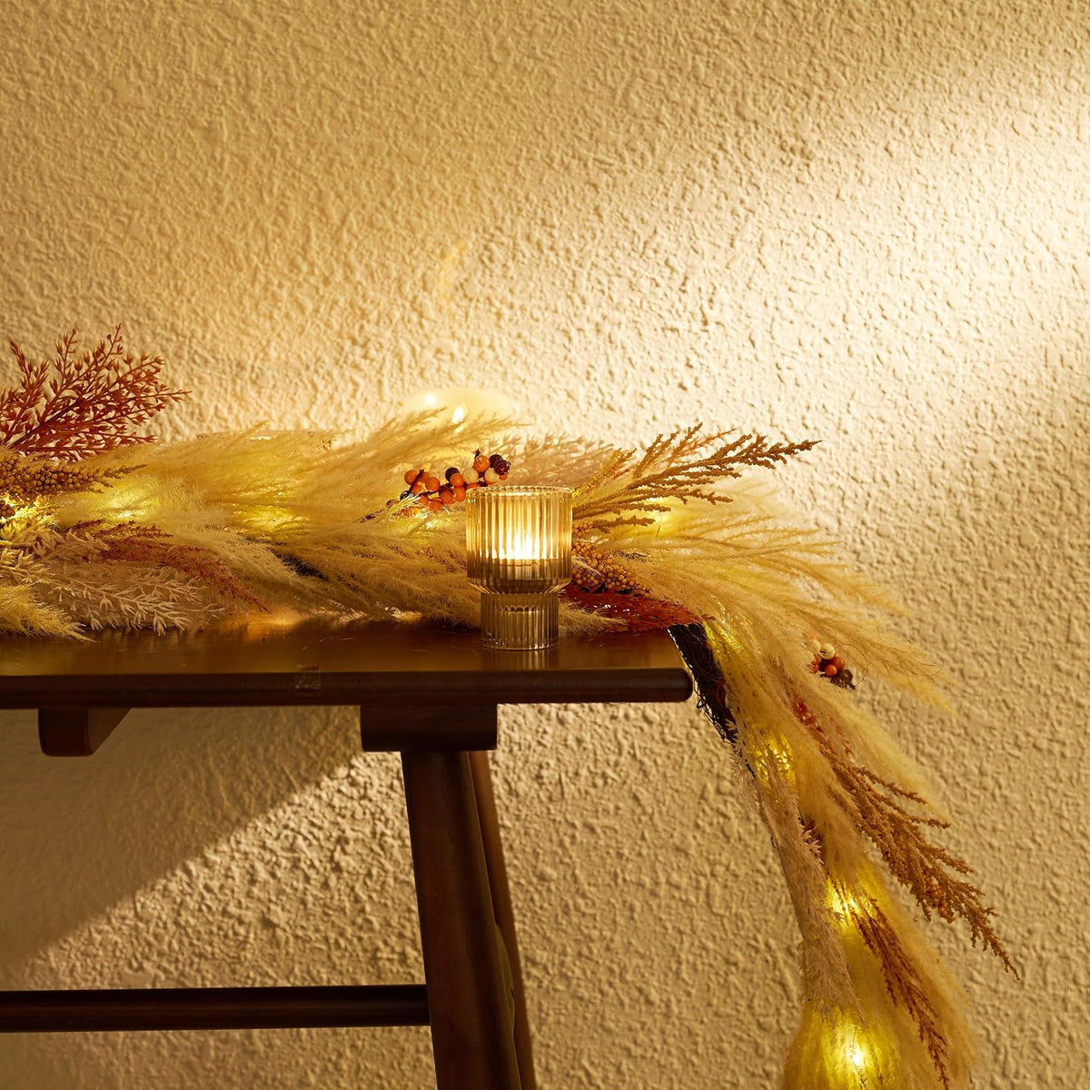 DecorbyHannah 6ft Neutral Fall Pampas Grass Garland for Mantle with Lights