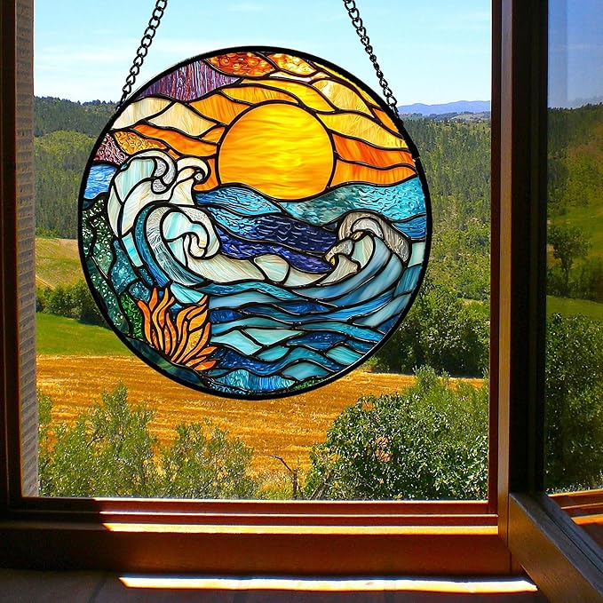 Stained Glass Window Hanging, Orange Sun Blue Sea Waves Landscape Suncatcher for Doors Window Home Sun Catchers Decor Mother's Day Birthday Gifts for Women, Men Mom 9.8 in