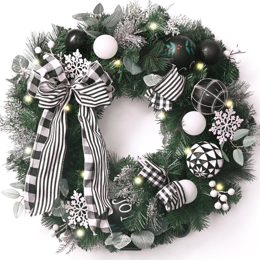Valery Madelyn 24" Pre-Lit Christmas Wreath for Front Door Black White