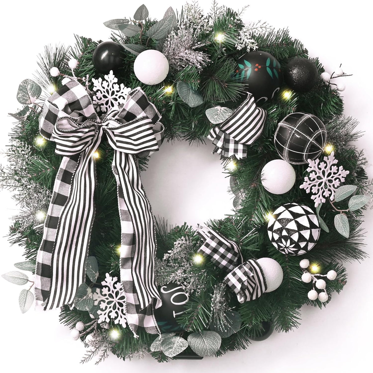 Valery Madelyn 24" Pre-Lit Christmas Wreath for Front Door Black White