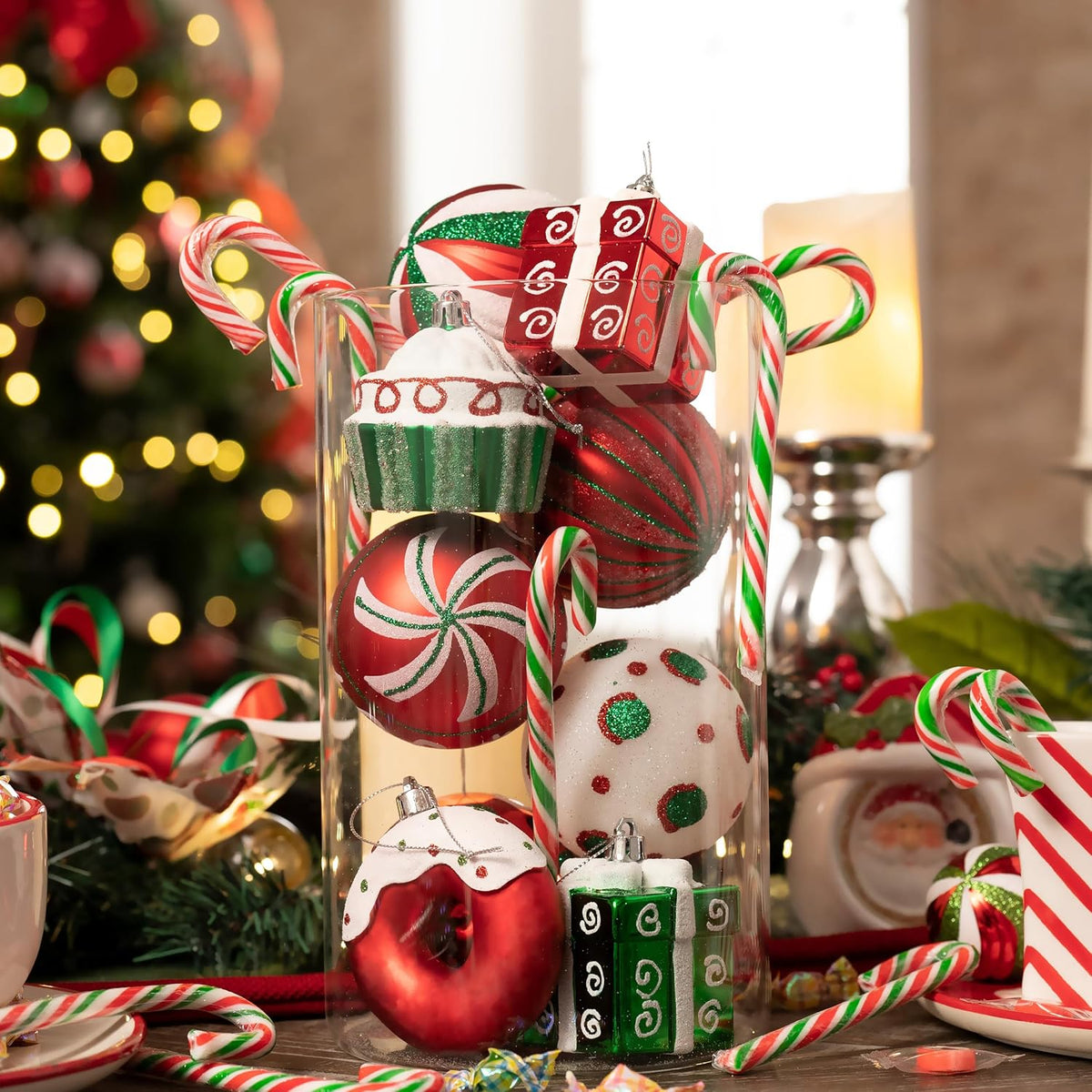 Valery Madelyn Large Christmas Tree Ornaments Set, 16ct Candy Cane Red Green White Shatterproof Christmas Tree Decorations Bulk, 3.15 Inch Decorative Hanging Ball Ornament for Xmas Trees Holiday Decor