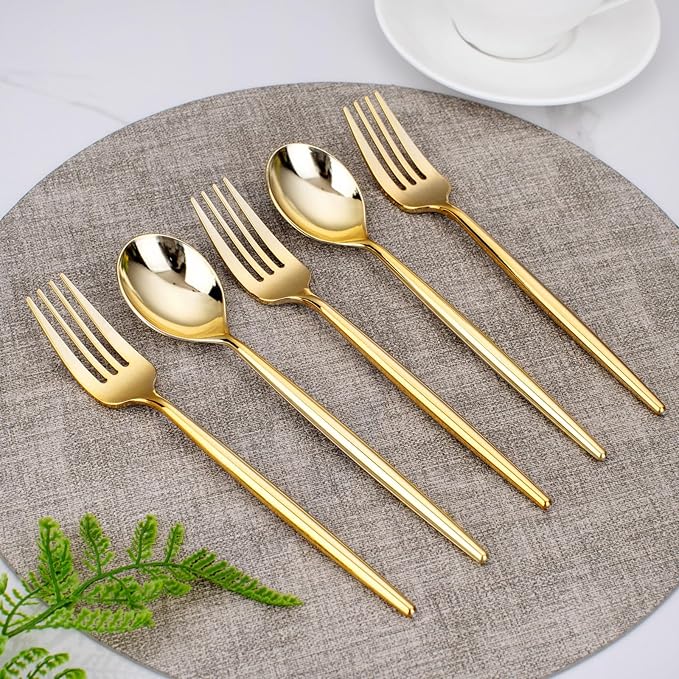 SUT 200PCS Gold Plastic Forks and Spoons Heavy Duty Set, Gold Disposable Silverware, gold Cutlery, Disposable Utensils, Plastic Flatware Includes 100 Forks, 100 Spoons for Party