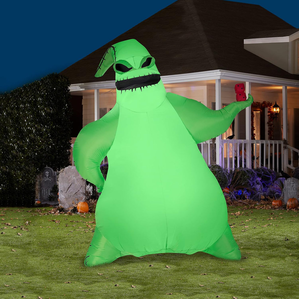 gemmy giant airblown inflatable oogie boogie, green, close-up detail