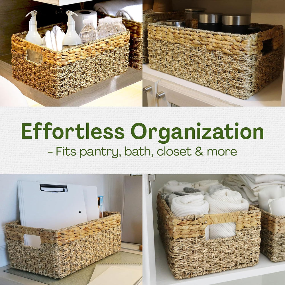 Large Wicker Storage Basket with Handles, Seagrass Hyacinth, 17x11 x7.5 in
