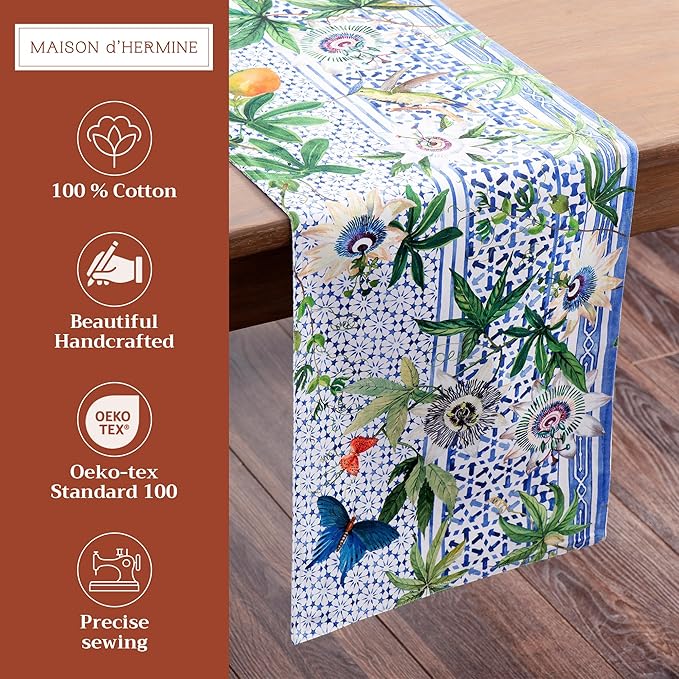 Maison d' Hermine Table Runner 100% Cotton Double Layer Table Runners 108 inches Long Decorative for Home Kitchen Dining Party Wedding Bridal Shower Spring Summer (Passiflora, 14.50" x 108")