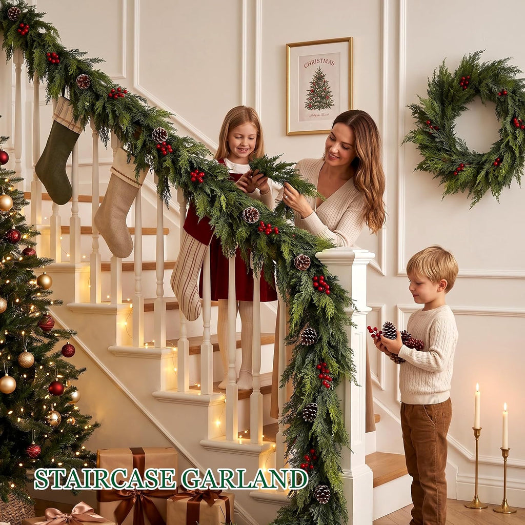 Realistic Christmas Cedar Garland Decor - 9FT Real Touch,Fluffy for Mantle