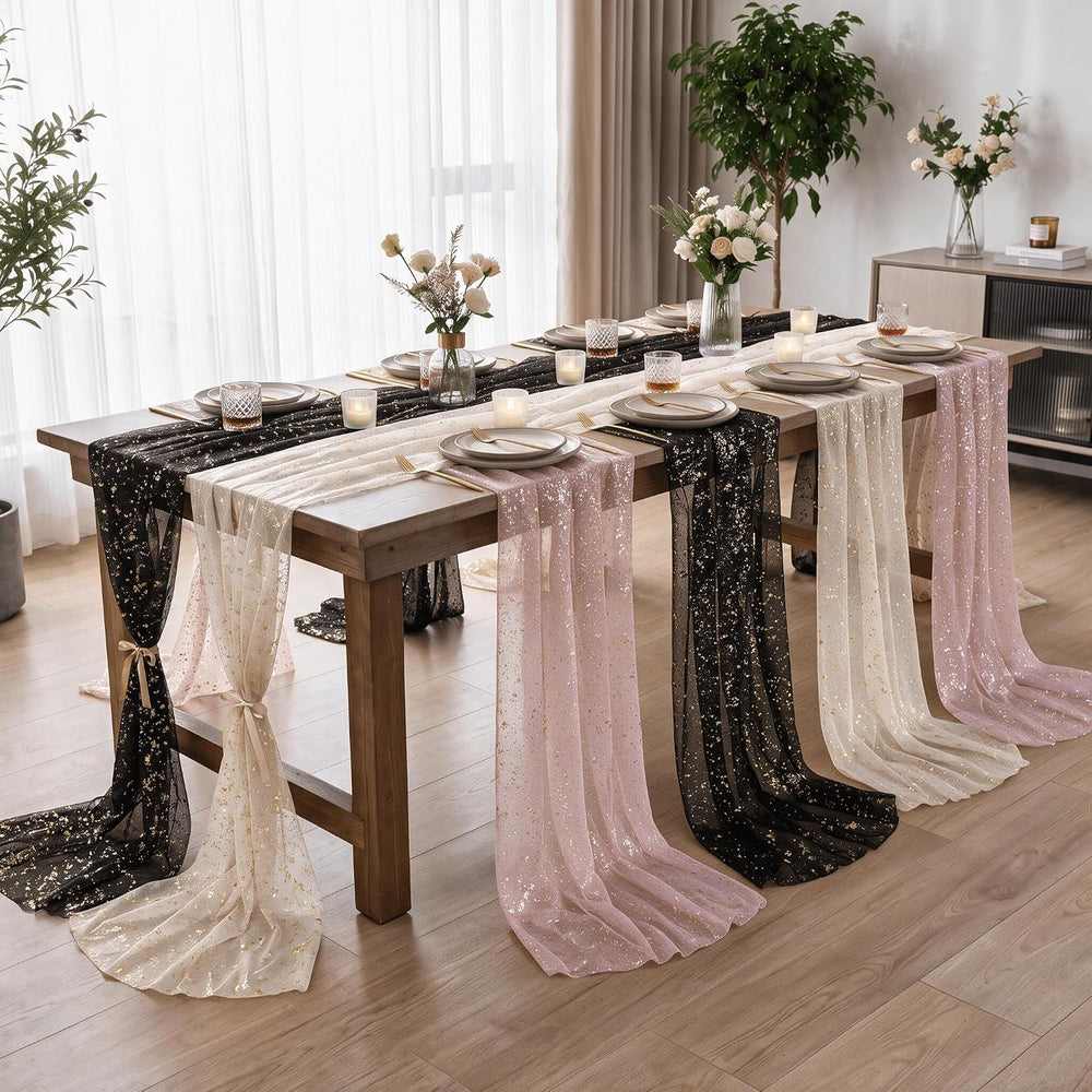 Artoid Mode 6PC Beige Black Pink Gauze Table Runner 120 Inch 10FT, Glitter Me...
