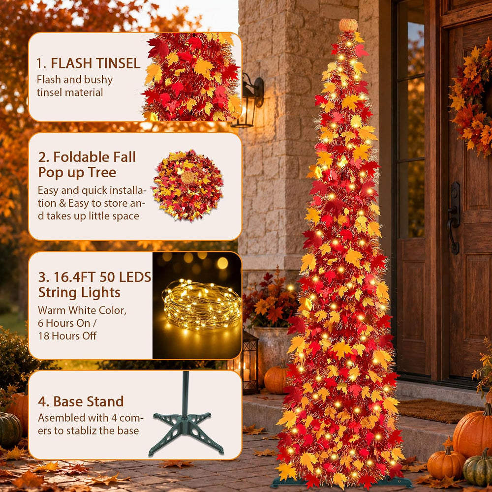 [Timer] 5FT Fall Tree with Lights, 50 LEDs Tinsel Maple Tree with Pumpkin Top...