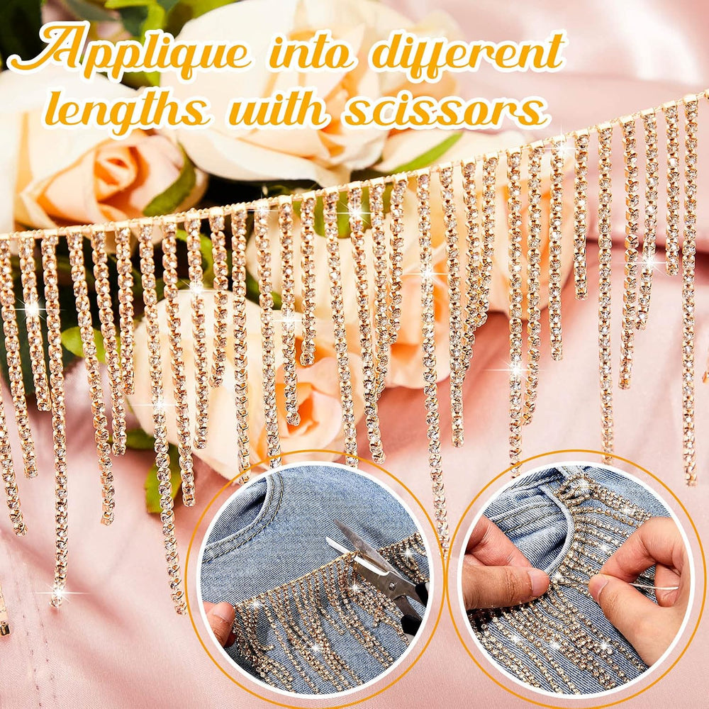 MTLEE Rhinestone Fringe Trim Fringe Belt, 4 Yard, Champagne
