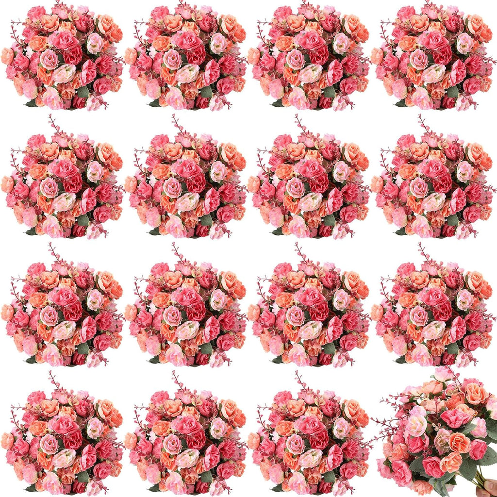 Geosar 16 Pcs Artificial Rose Flowers Bouquets 21 Heads Each, Pink