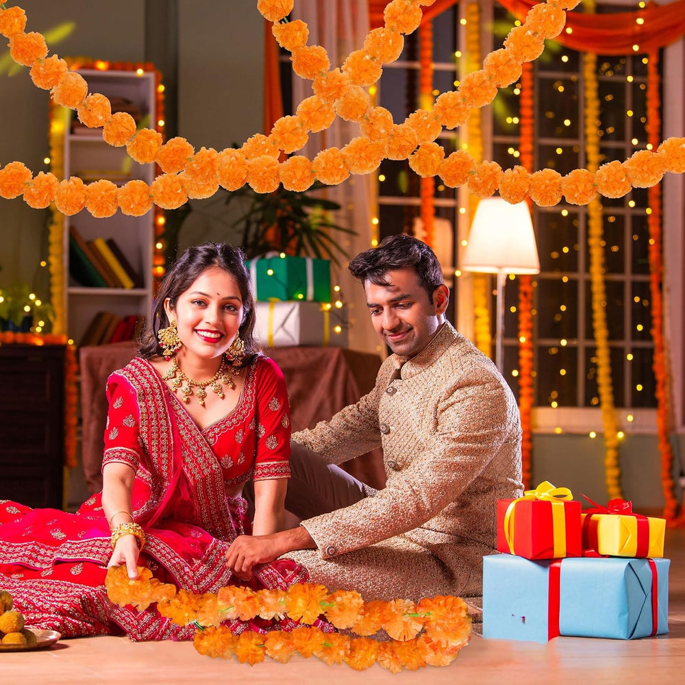 11 Pieces 5 Feet Long Marigold Garland Bulk Light Orange Indian American Wedd...