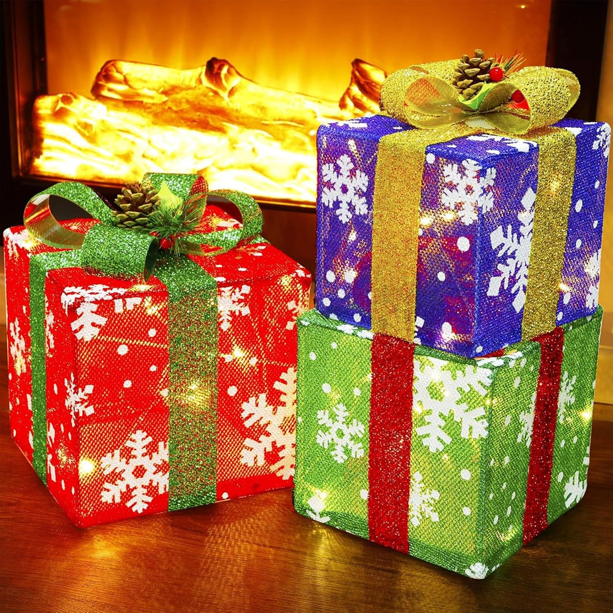 atdawn set of 3 lighted gift boxes christmas showing dimensions