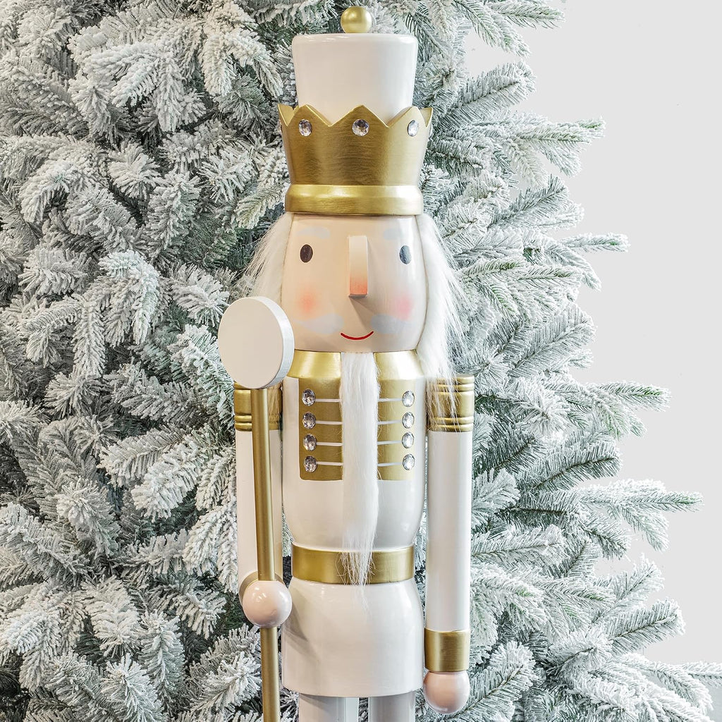 KI Store 4ft Wooden Christmas Nutcracker White and Gold Soldier Figurine Life Size Collectible Nutcracker Decorations for Christmas Decorations
