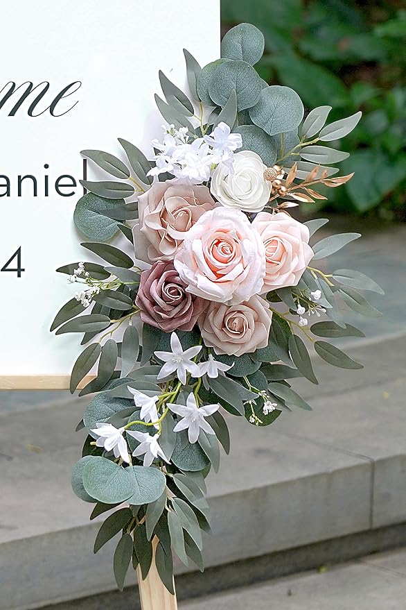 Artificial Dusty Rose Flowers Swag Set of 2 for Wedding Welcome Signs Floral Decorations, Wedding Arch Flowers for Wedding Ceremony
