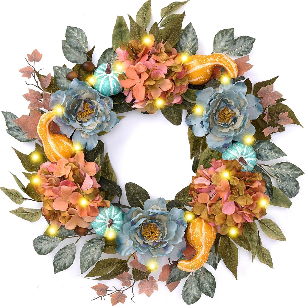 DecorbyHannah 24'' Fall Wreath for Front Door with Lights & Peony Hydrangea