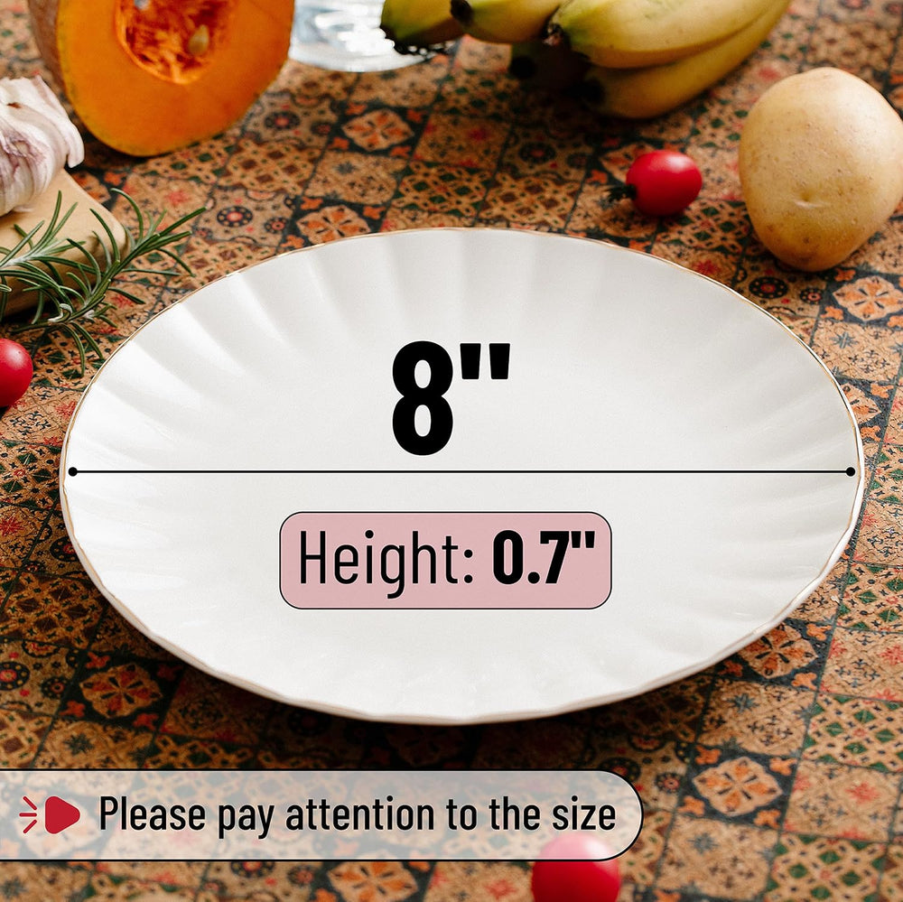 BTaT- Gold Rim Porcelain Dessert Plates, 8", 6 Pack, Christmas