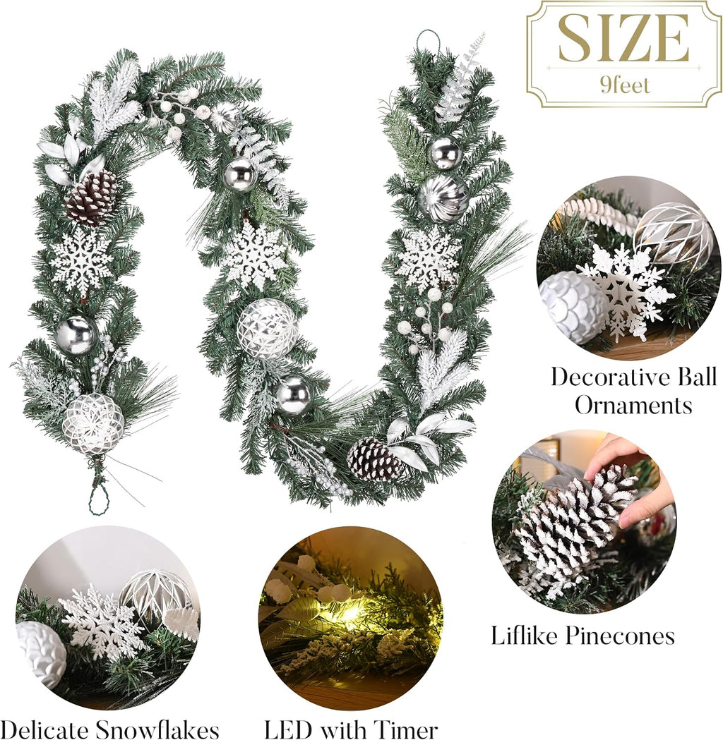 Valery Madelyn 9 Feet Pre-Lit Christmas Garland with Lights for Mantle, Lighted Outdoor Xmas Garland with Silvery White Ball Pinecones for Home Stairs Fireplace Table Centerpiece Indoor Holiday Decor