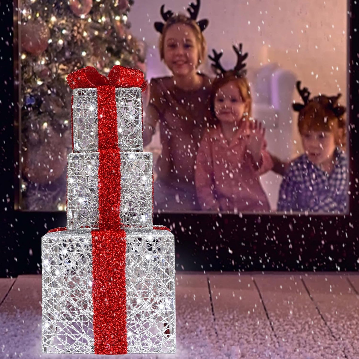 lighted gift box set of 3, silver boxes shown in use