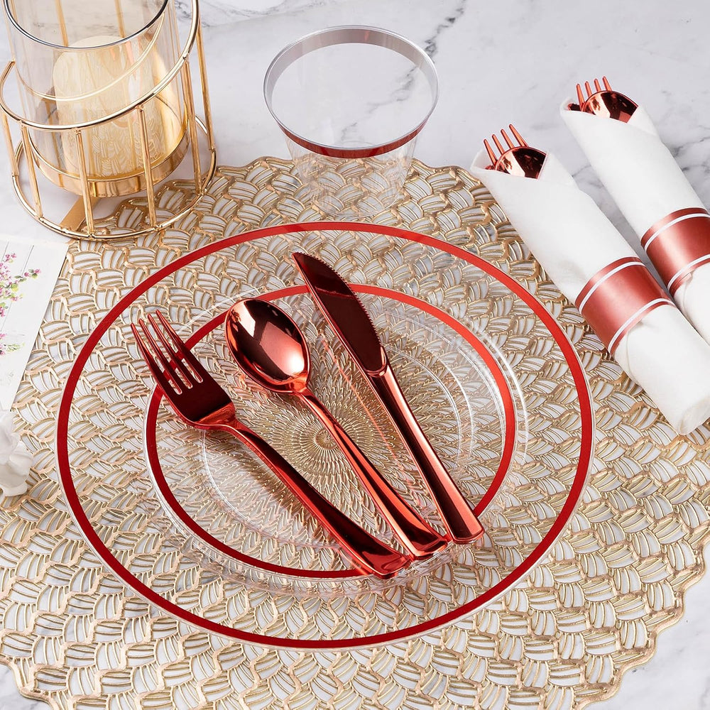 350 Pcs Clear Red Plastic Dinnerware Sets for Party for 50 Guests