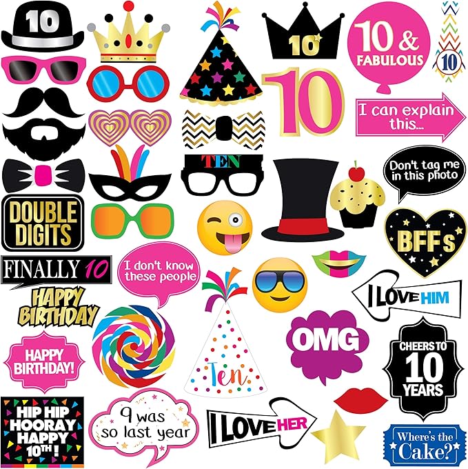10th Birthday Photo Booth Party Props - 40 Pieces - Funny 10th Birthday Party Supplies, Decorations and Favors