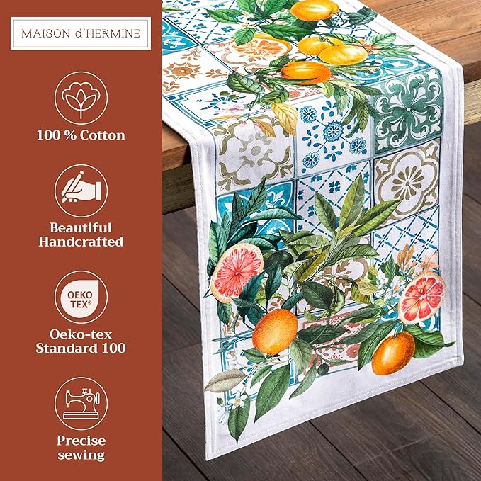 Maison d' Hermine Table Runner 100% Cotton Double Layer Table Runners 72 inches Long Decorative for Home Kitchen Dining Party Baby Shower Wedding Bridal Shower Spring Summer (Agrume, 14.50" x 72")