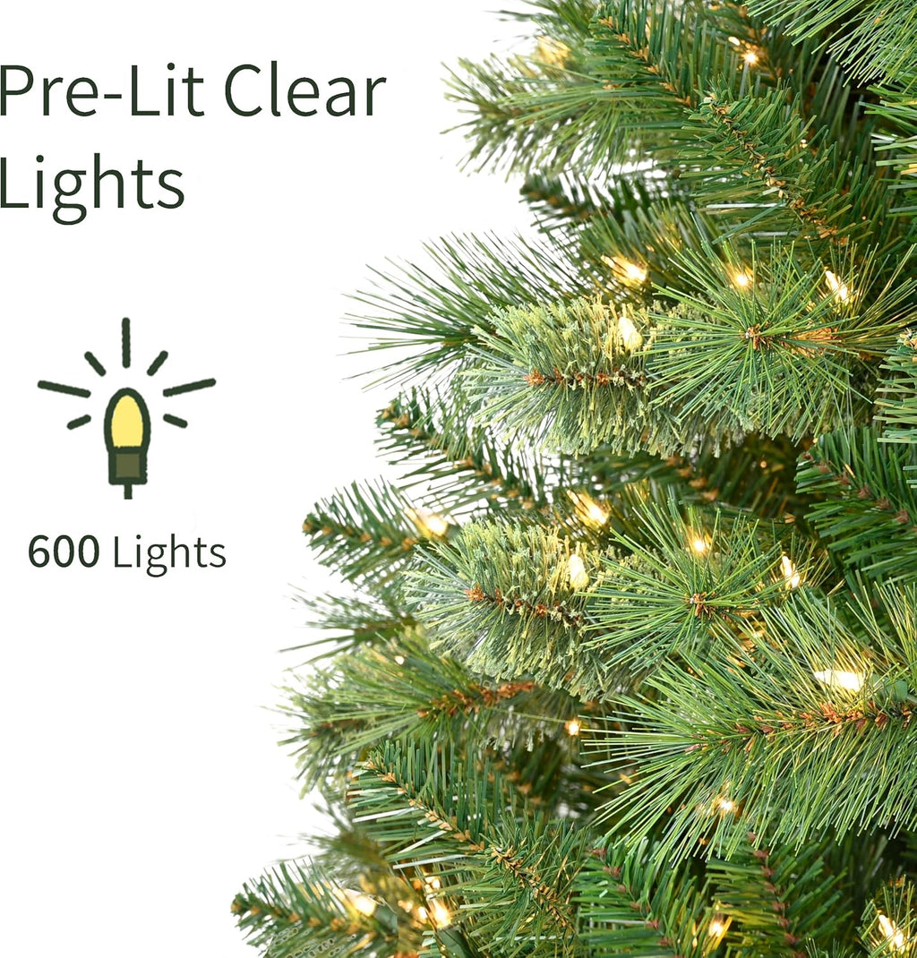 Puleo International 7.5ft Pre-Lit Teton Pine Christmas Tree with 600 Clear Lights, 1347 Realistic Dense Branch Tips, Easy Setup Artificial Trees with Sturdy Metal Stand