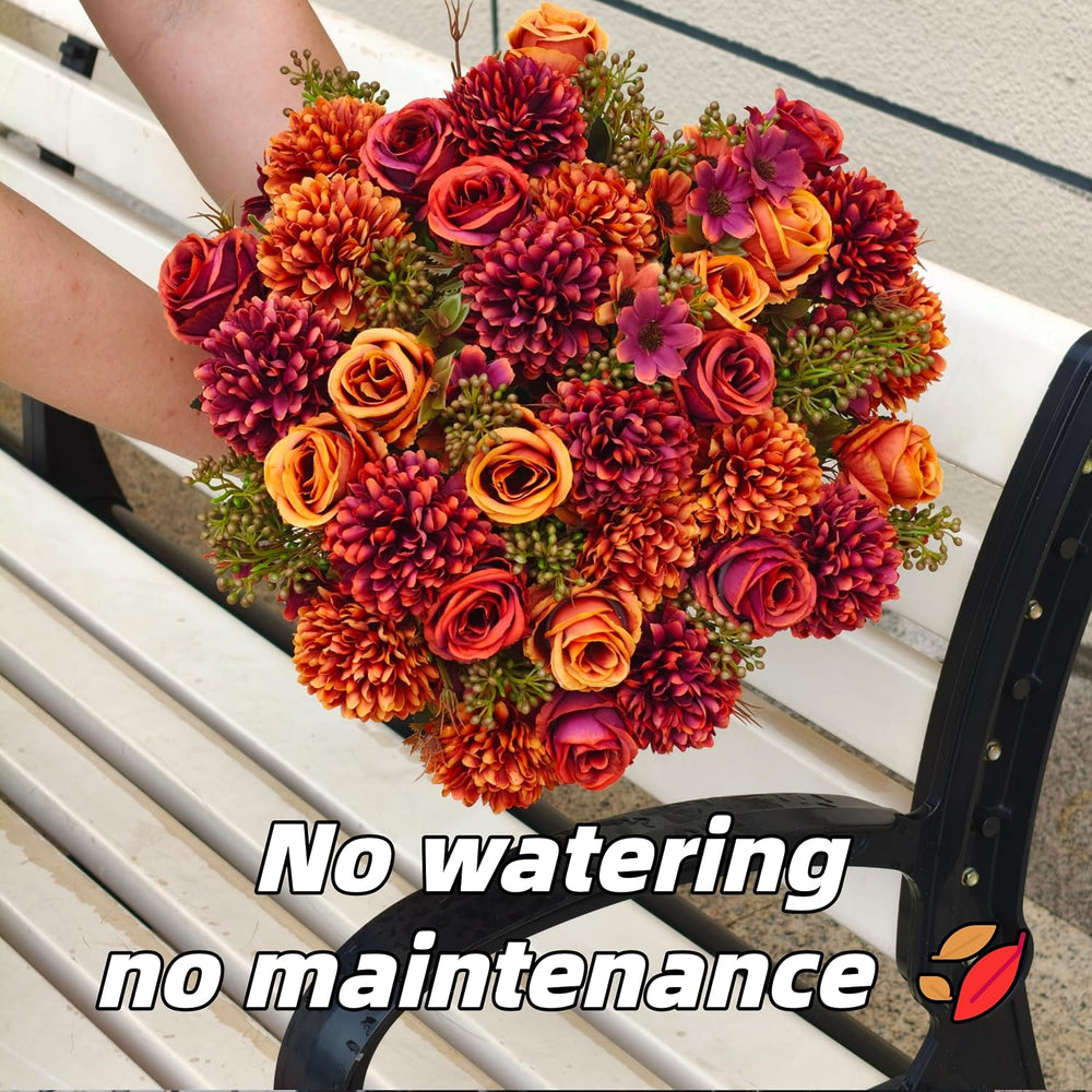 8 Pack Artificial Fall Flowers, Orange Red Silk Faux Bouquet