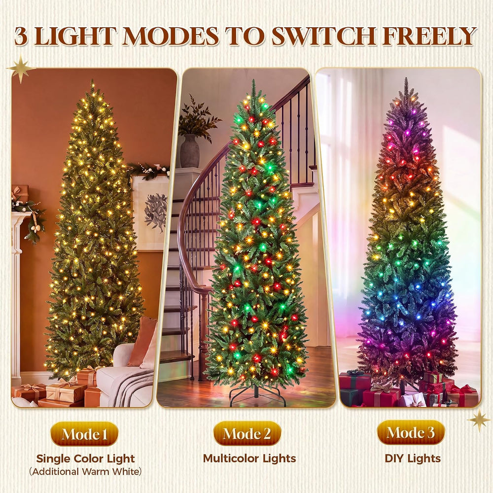 7.5ft Prelit Pencil Christmas Tree, RGBW Lights, App Control