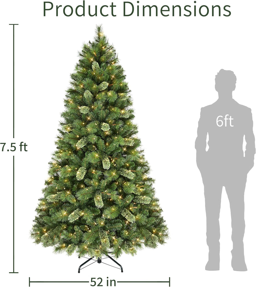 Puleo International 7.5ft Pre-Lit Teton Pine Christmas Tree with 600 Clear Lights, 1347 Realistic Dense Branch Tips, Easy Setup Artificial Trees with Sturdy Metal Stand