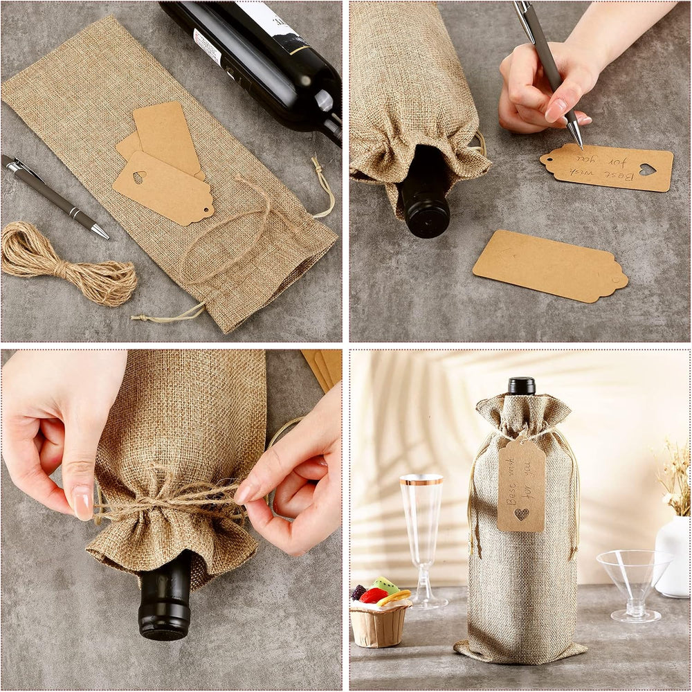 Windyun 50 Pcs Burlap Wine Bag Bulk Gift Bag with Drawstrings, Brown