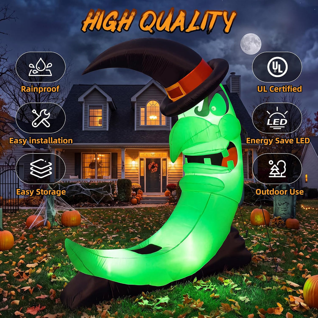 9FT Green Witch Moon Halloween Inflatables Outdoor Decorations with Bench
