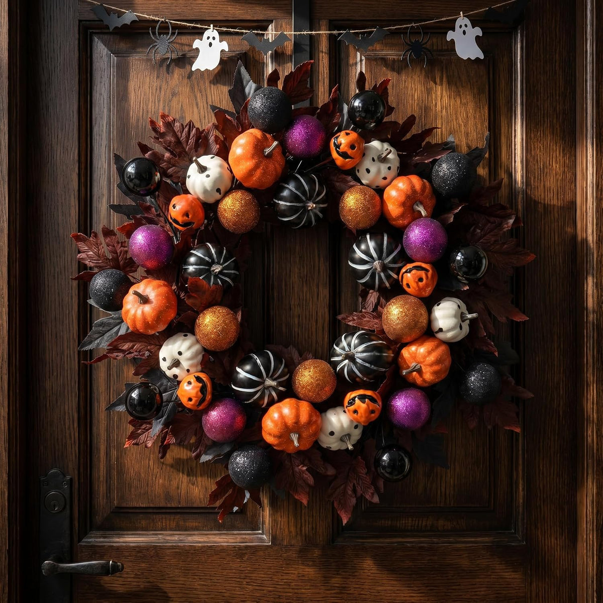 Halloween Ball Wreath for Front Door, 24" Pumpkin Fall Door Wreath
