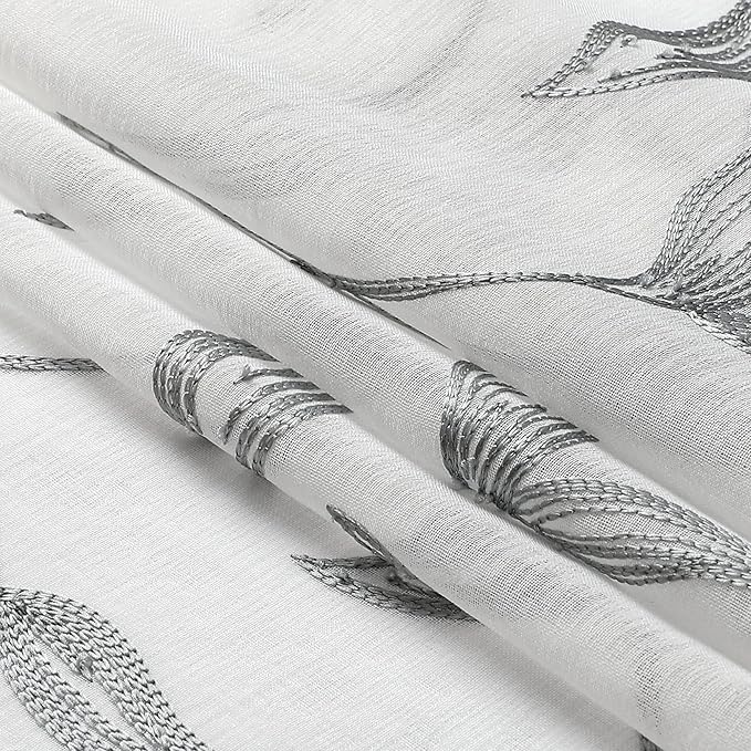 VISIONTEX Sheer Curtains 63 Inch Length 2 Panels, Decor Iron Grey Vine Leaves Embroidery on White Voile Pair, Accent Semi Window Drapes for Kitchen, Living Room and Bedroom, 54" W x 63" L