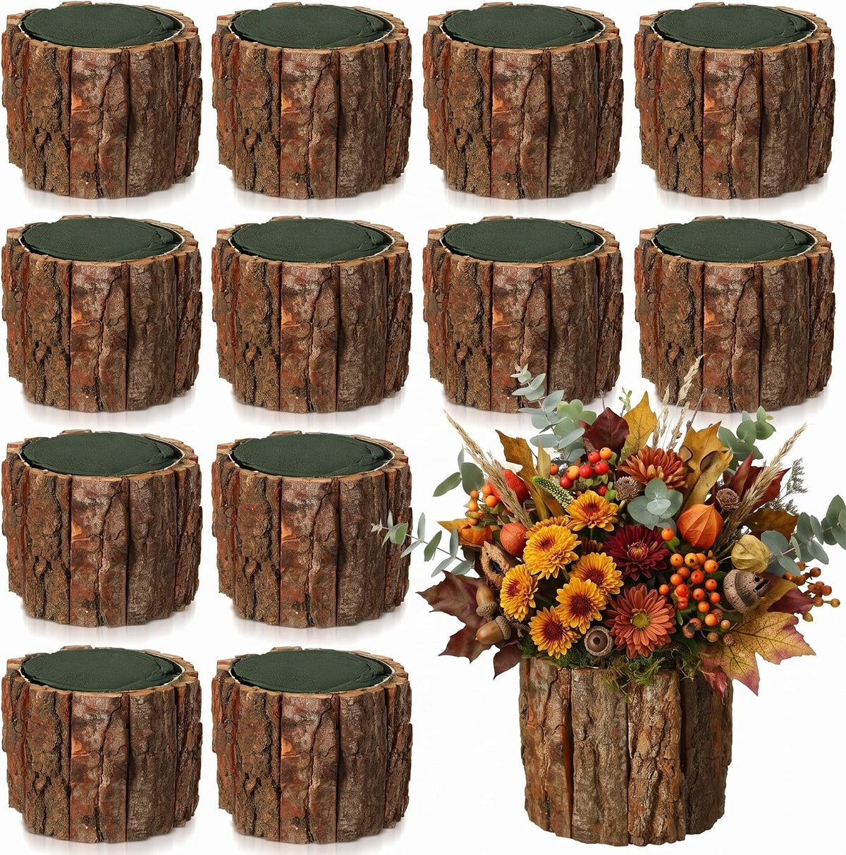 12 Set Wooden Vases for Centerpieces, Flower Foam, 4.7 Inch