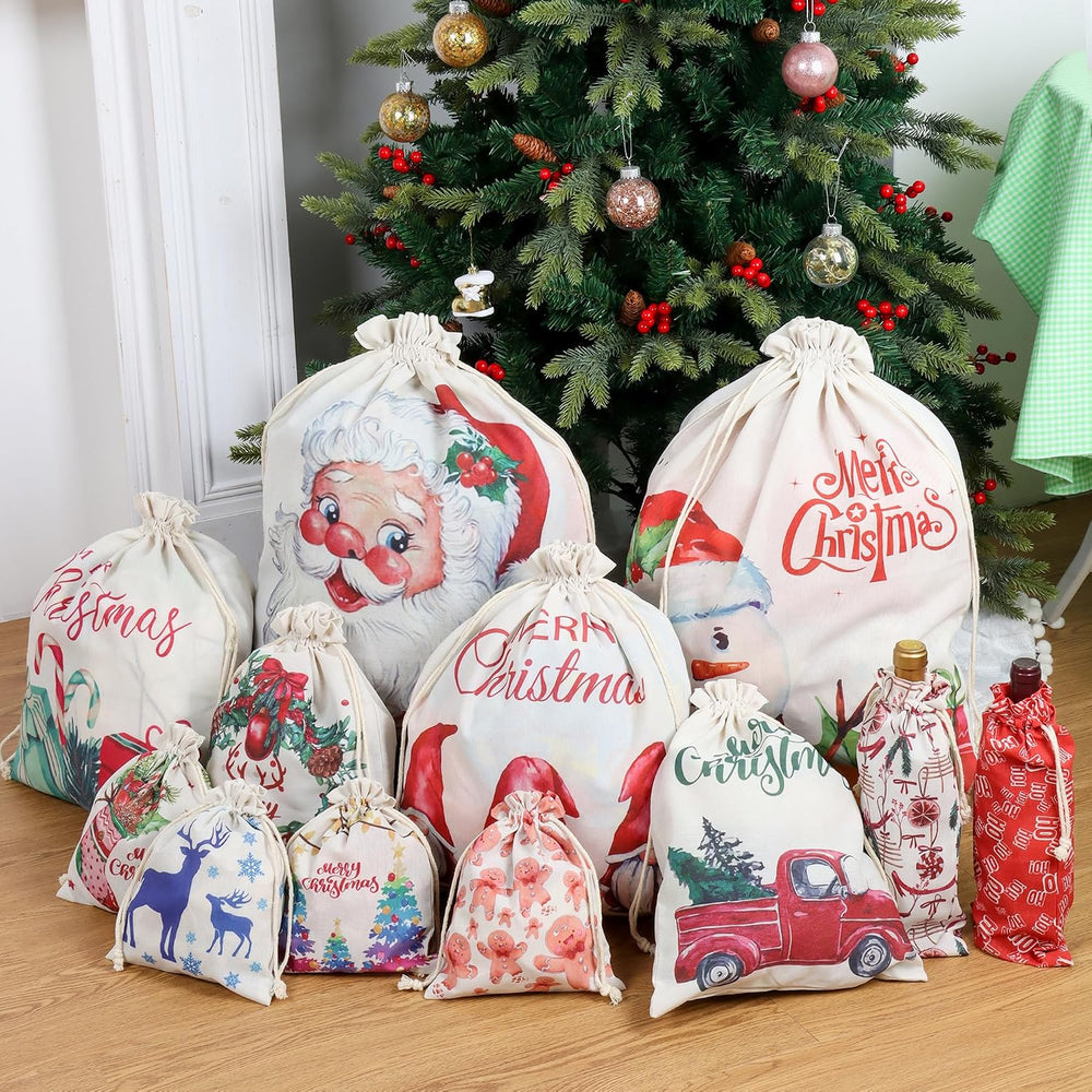 12 Pack Fabric Christmas Gift Bags with Drawstrings, Assorted Sizes