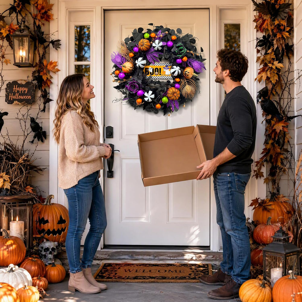 24'' Halloween Wreath for Front Door with Orange Purple Lights
